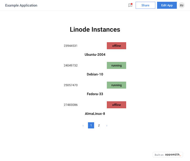 Example application after booting up and shutting down Linode instances Example application after booting up and shutting down Linode instances