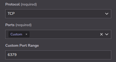Cloud Manager UI for selecting protocol and port range. Cloud Manager UI for selecting protocol and port range.