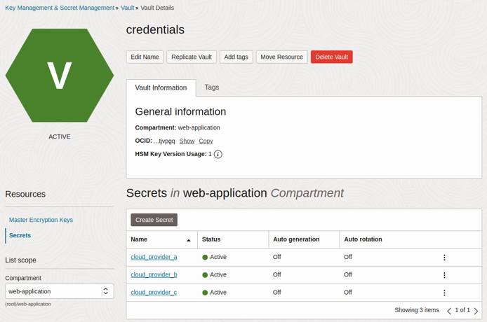 Oracle Vault UI displaying secrets in selected vault.