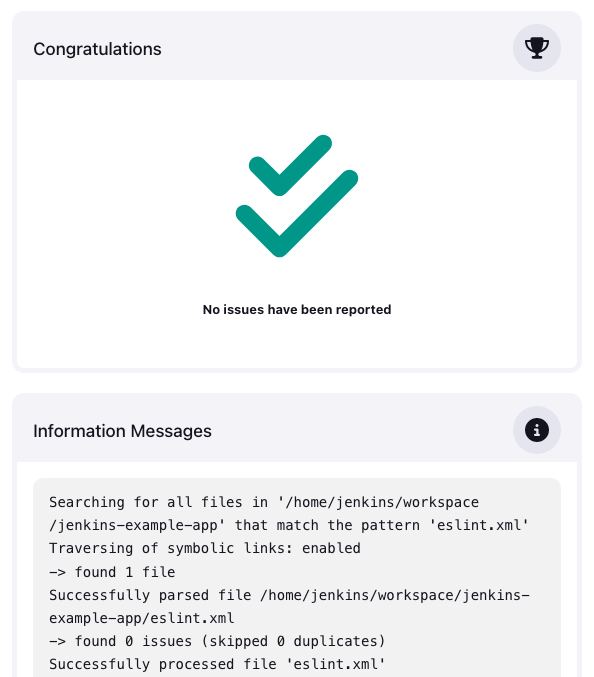 Example output from the code analysis portion of the Jenkins pipeline Example output from the code analysis portion of the Jenkins pipeline